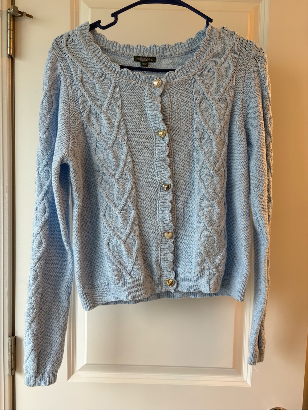 wild fable Light Blue Cable Knit Heart-Button Cardigan